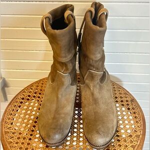 Vintage Brown Suede Mid-Calf Boots with wooden heel